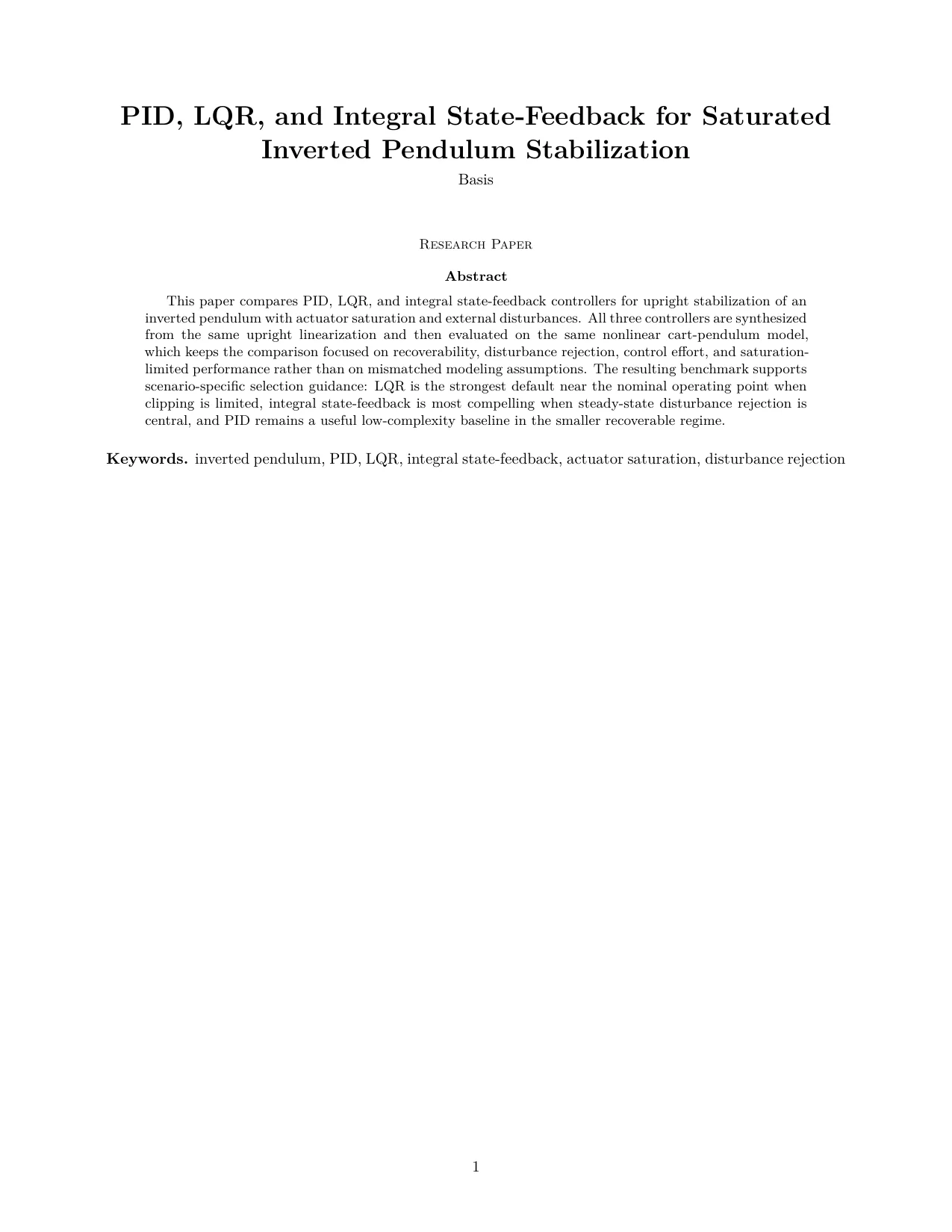 Title and abstract page from the cleaned inverted-pendulum controller comparison paper.