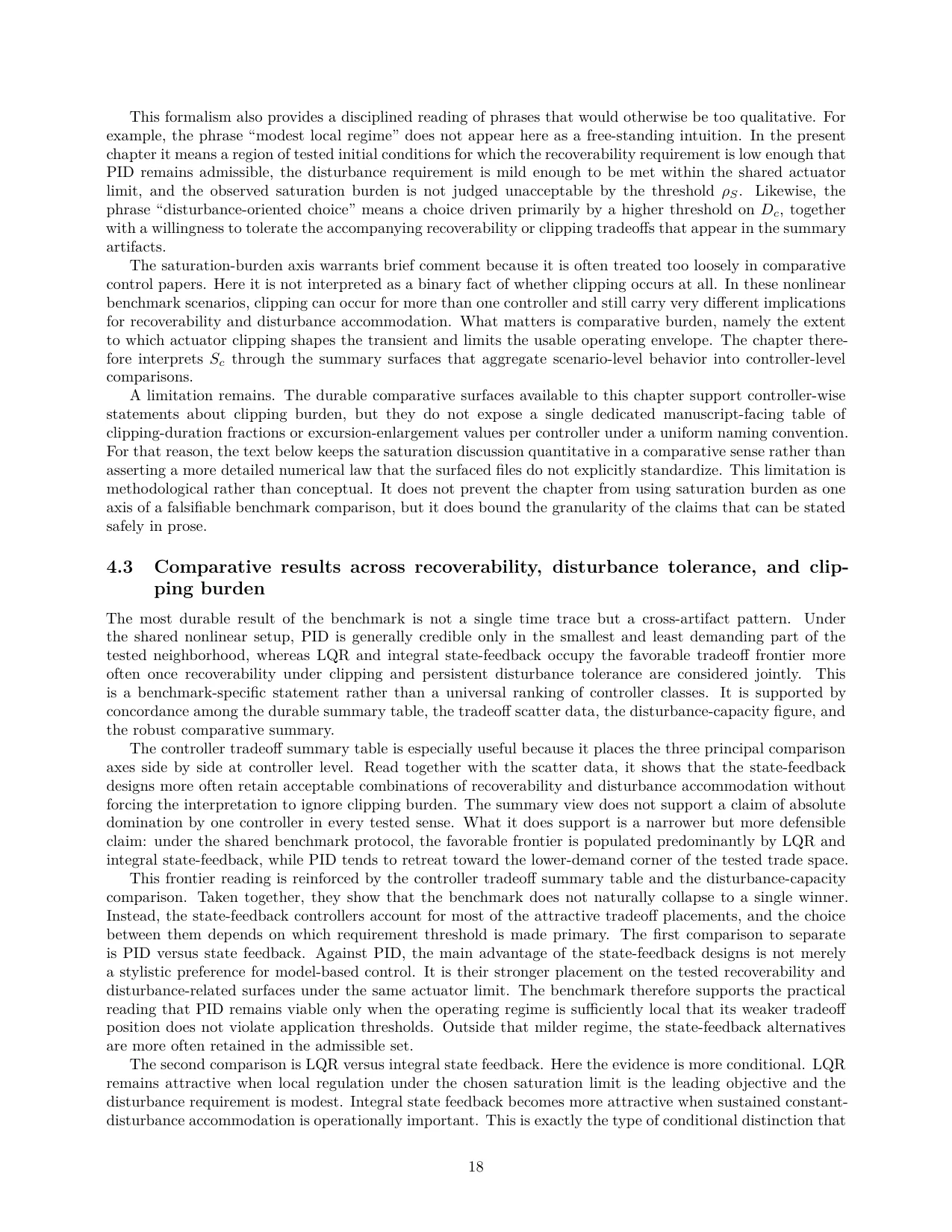 Comparative results page from the cleaned inverted-pendulum controller comparison paper.